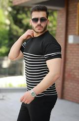 Çizgi Desenli Bisiklet Yaka Kısa Kollu T-Sihrt
