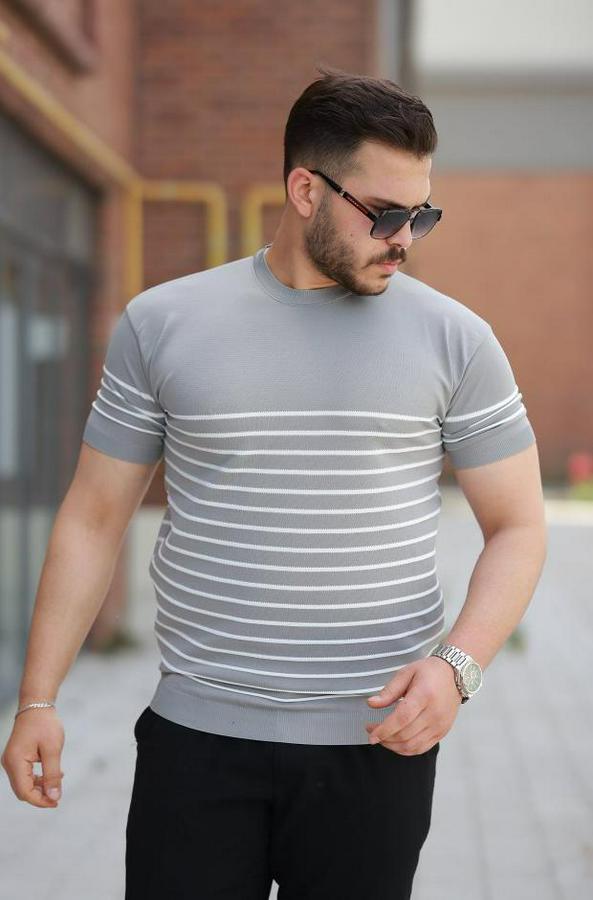 Çizgi Desenli Bisiklet Yaka Kısa Kollu T-Sihrt