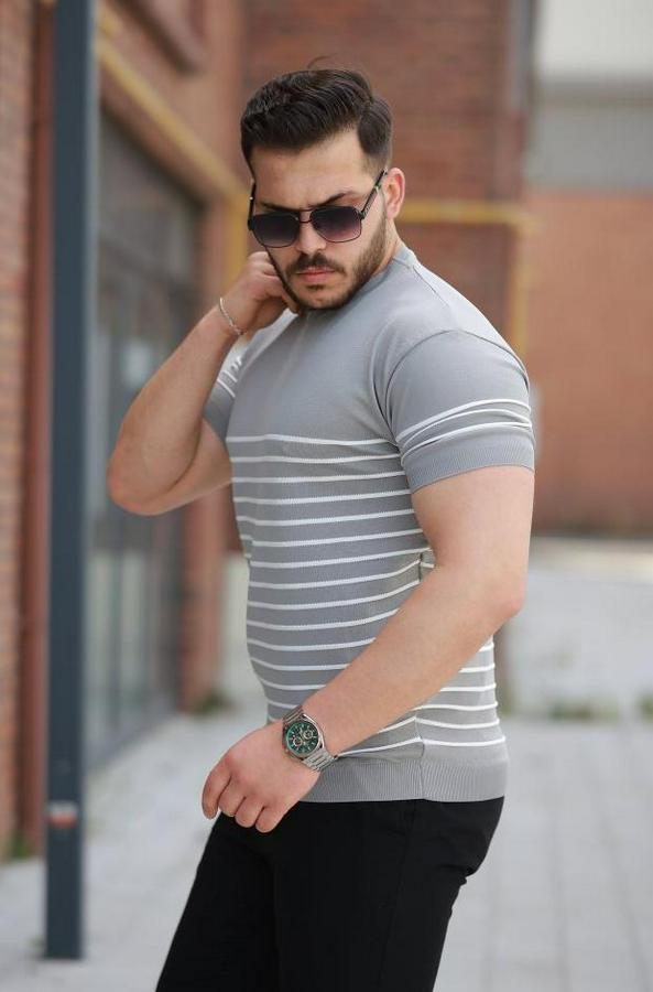 Çizgi Desenli Bisiklet Yaka Kısa Kollu T-Sihrt