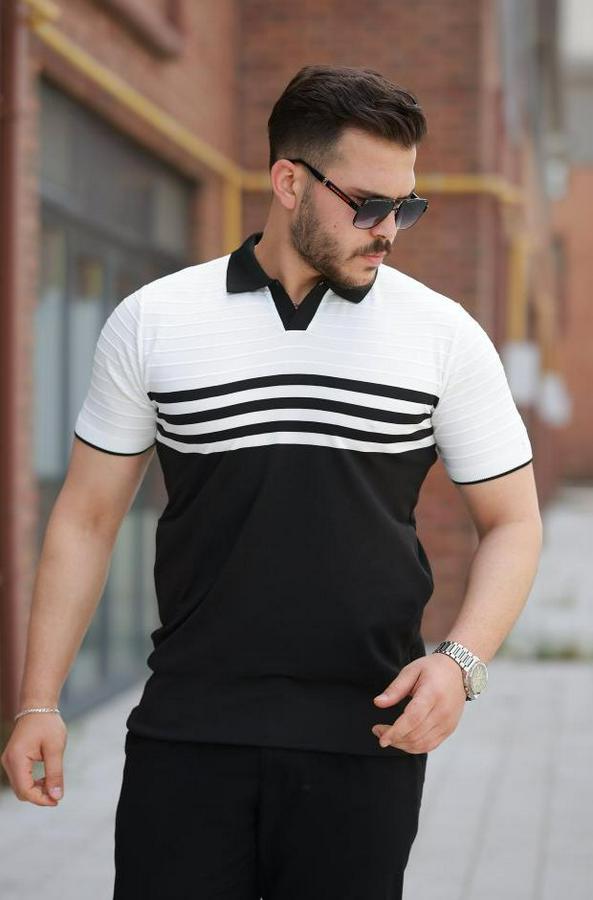 Çizgi Desenli Yakalı Kısa Kollu T-Shirt