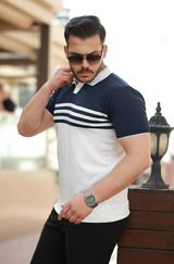 Çizgi Desenli Yakalı Kısa Kollu T-Shirt