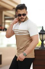 Çizgi Desenli Yakalı Kısa Kollu T-Shirt
