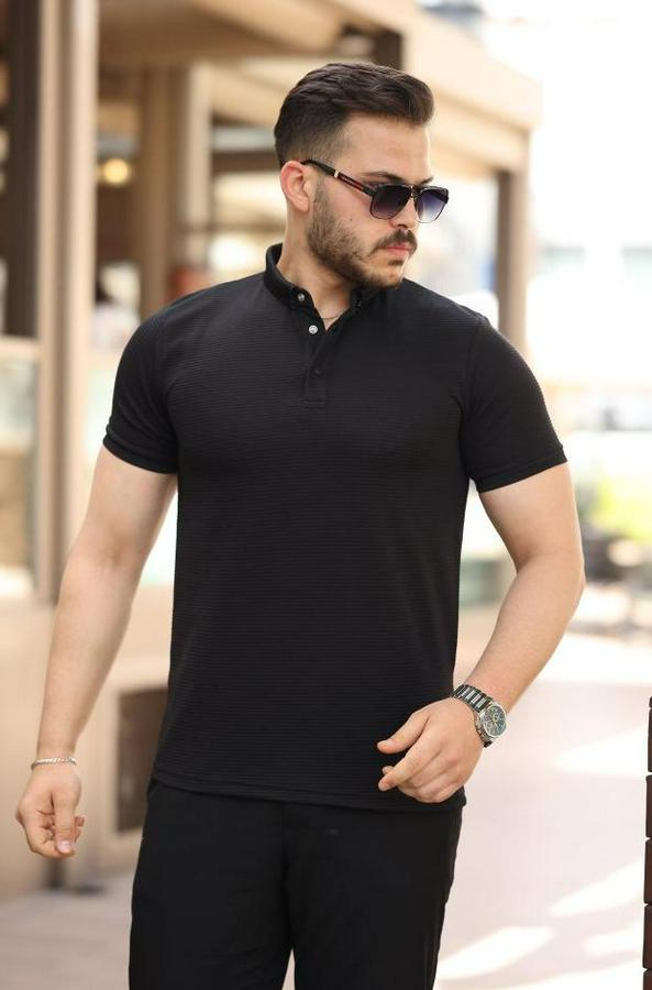 Çizgi Dokulu Çıtçıt Yakalı Kısa Kollu T-Shirt