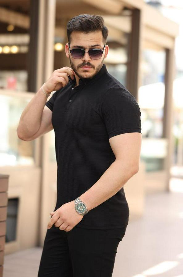 Çizgi Dokulu Çıtçıt Yakalı Kısa Kollu T-Shirt