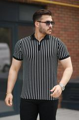 Çizgili Fermuar Yakalı Kısa Kollu Tişört