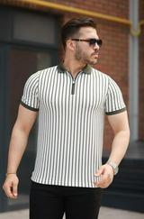 Çizgili Fermuar Yakalı Kısa Kollu Tişört