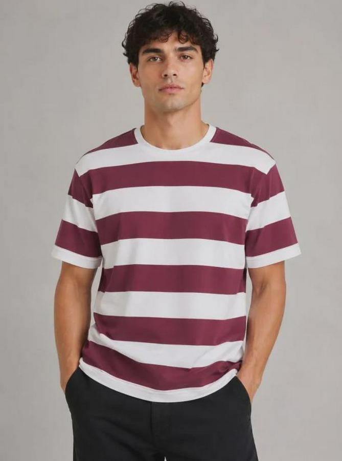 Çizgili Oversize Tişört Bisiklet Yaka Kısa Kol Yazlık T-Shirt