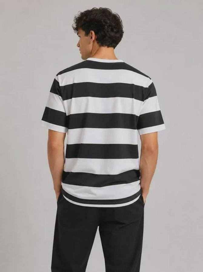 Çizgili Oversize Tişört Bisiklet Yaka Kısa Kol Yazlık T-Shirt