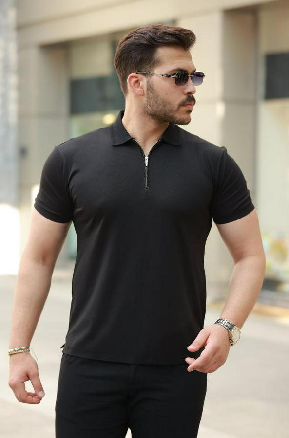 Deri Panel Detaylı Fermuar Yakalı Kısa Kollu Tişört