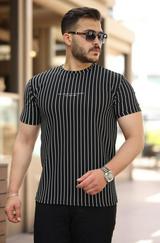 Dikey Çizgili Ottoman Kumaş Kısa Kollu T-Shirt