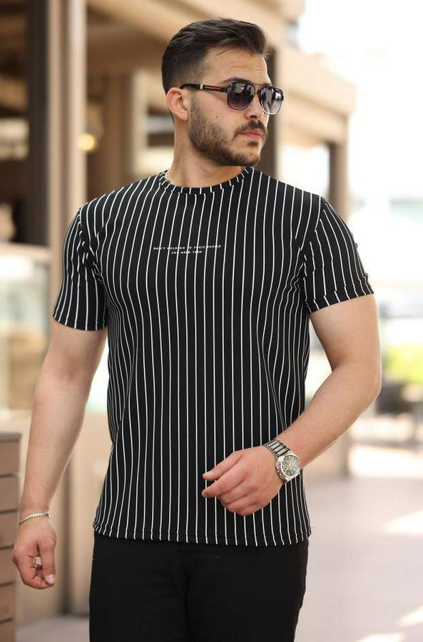 Dikey Çizgili Ottoman Kumaş Kısa Kollu T-Shirt