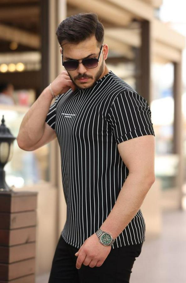 Dikey Çizgili Ottoman Kumaş Kısa Kollu T-Shirt