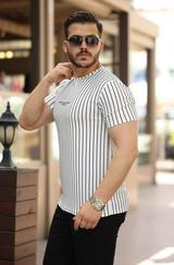 Dikey Çizgili Ottoman Kumaş Kısa Kollu T-Shirt