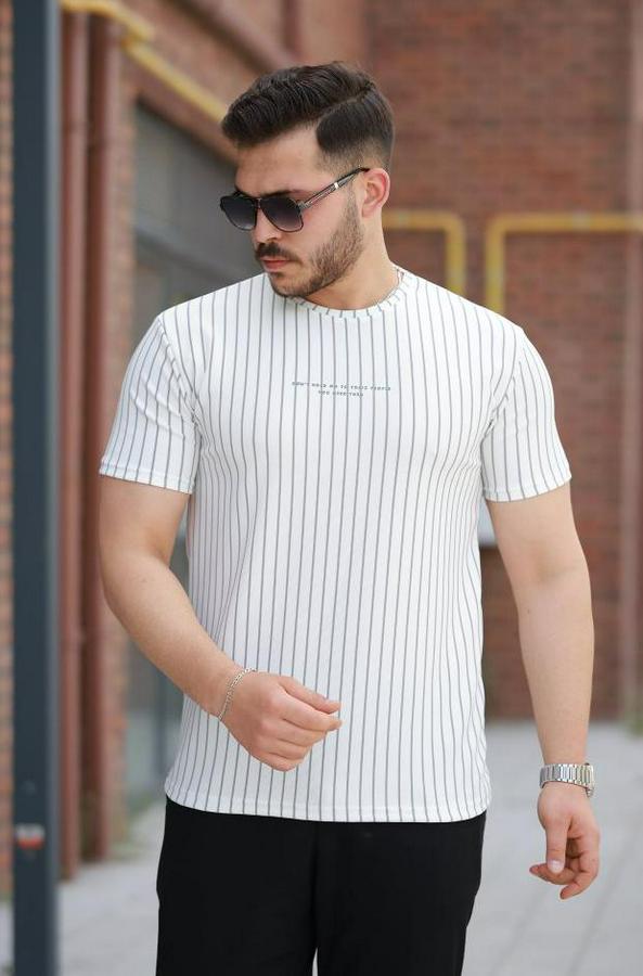 Dikey Çizgili Ottoman Kumaş Kısa Kollu T-Shirt