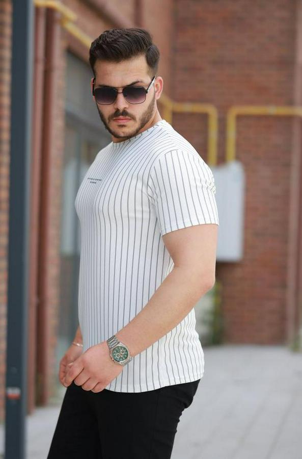 Dikey Çizgili Ottoman Kumaş Kısa Kollu T-Shirt