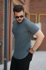 Dikey Çizgili Ottoman Kumaş Kısa Kollu T-Shirt