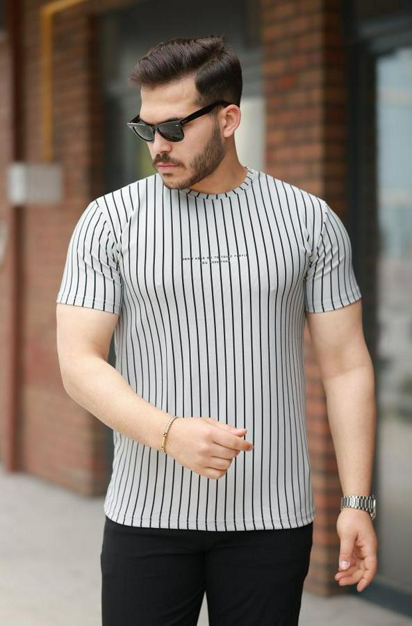 Dikey Çizgili Ottoman Kumaş Kısa Kollu Tişört