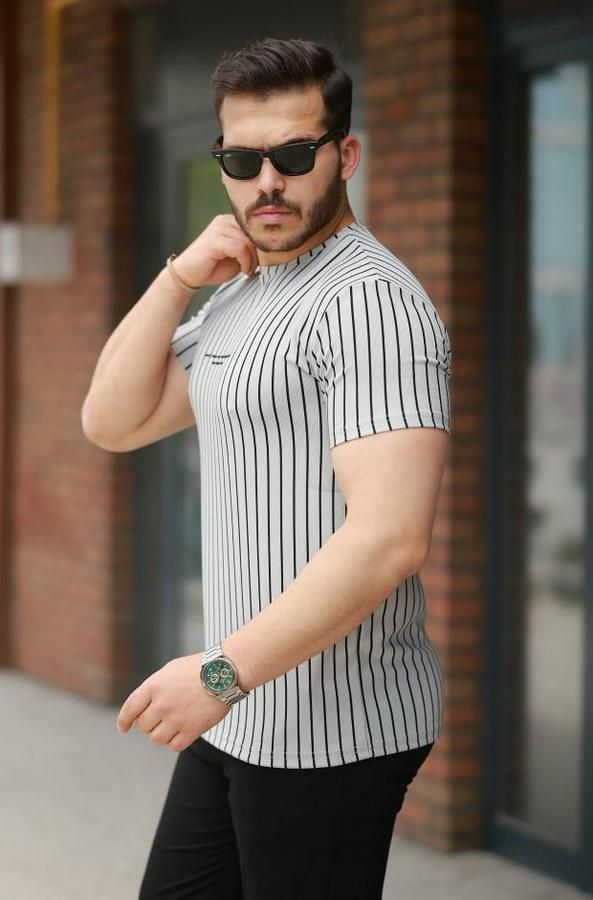 Dikey Çizgili Ottoman Kumaş Kısa Kollu Tişört