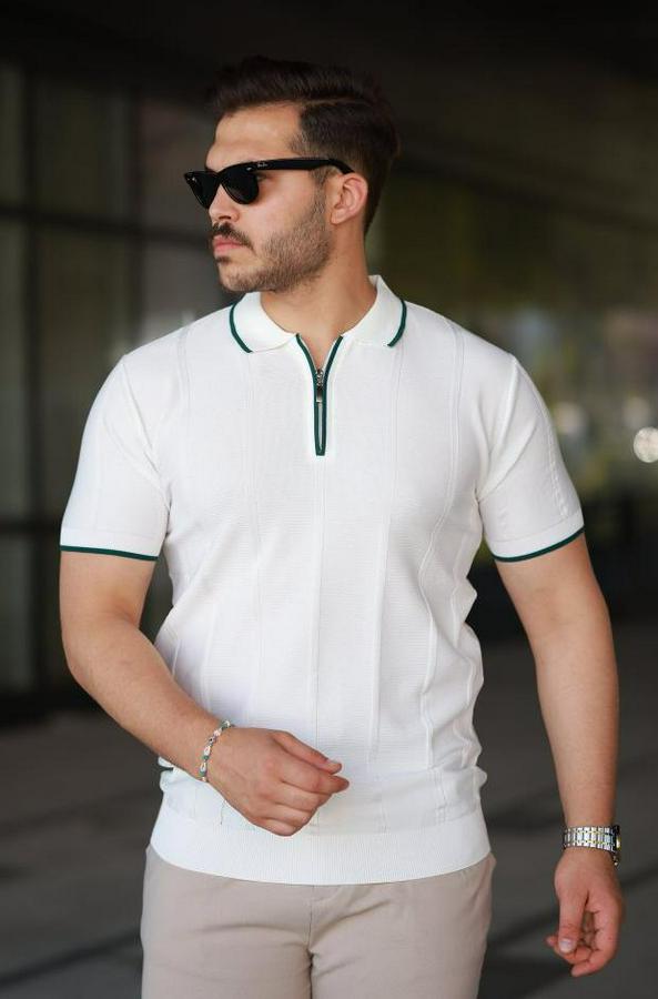 Dikey Kabartmalı Örgü Dokulu Fermuar Yakalı Tişört