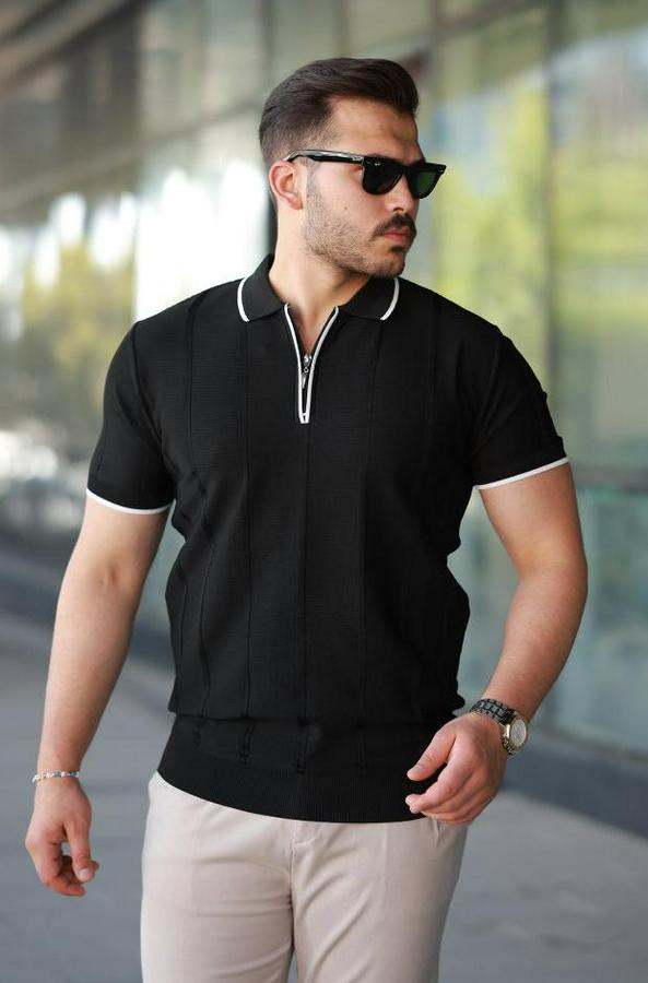 Dikey Kabartmalı Örgü Dokulu Fermuar Yakalı Tişört