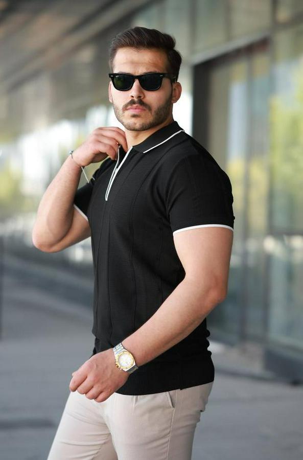 Dikey Kabartmalı Örgü Dokulu Fermuar Yakalı Tişört