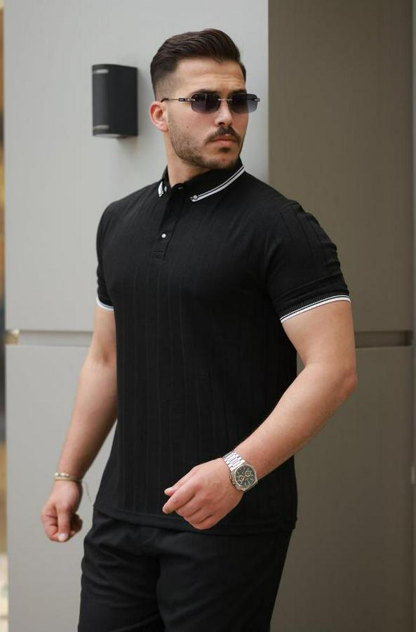 Düğme Yakalı Jakar Kumaş Kısa Kollu Tişört