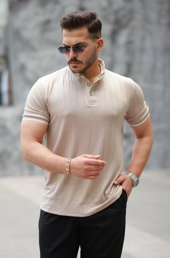 Düğme Yakalı Jakar Kumaş Kısa Kollu Tişört