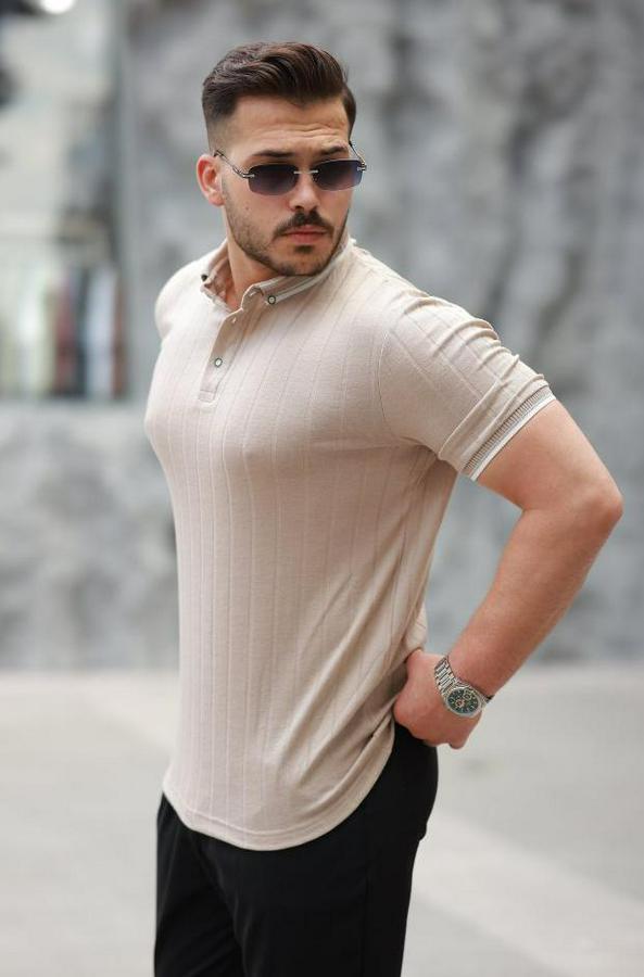 Düğme Yakalı Jakar Kumaş Kısa Kollu Tişört