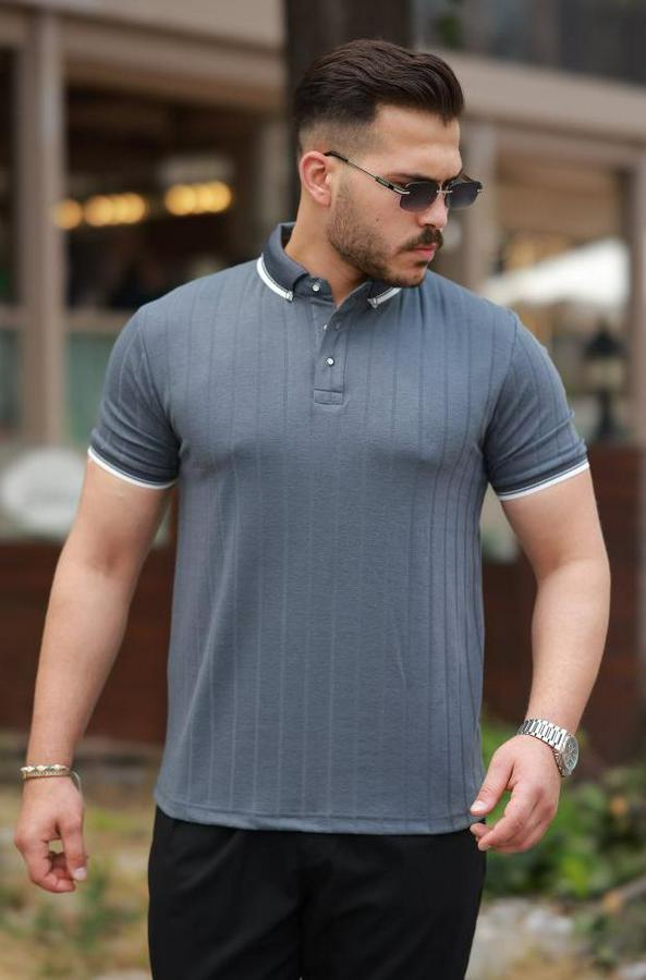 Düğme Yakalı Jakar Kumaş Kısa Kollu Tişört