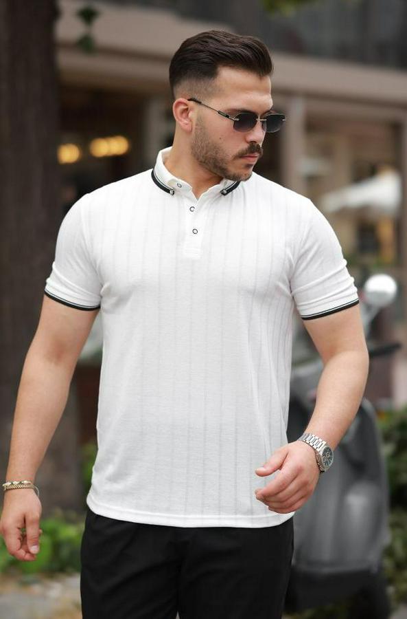 Düğme Yakalı Jakar Kumaş Kısa Kollu Tişört