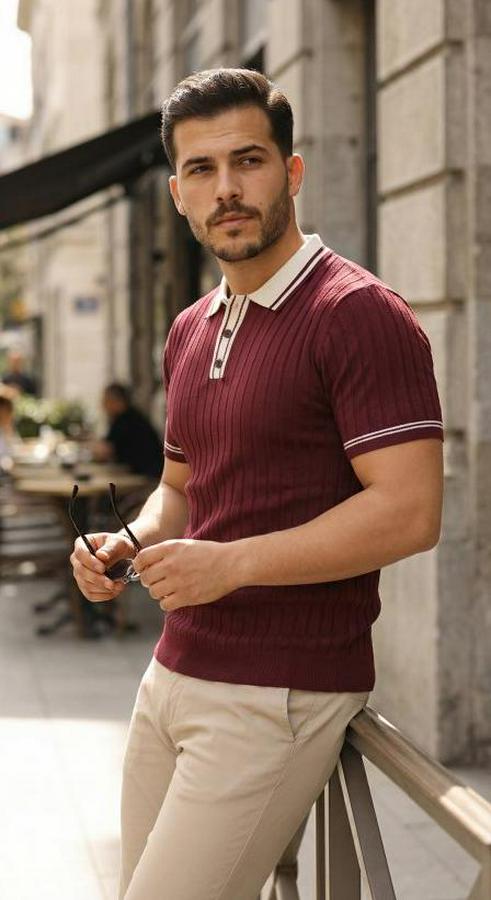 Düğme Yakalı Kontrast Yaka Triko Tişört