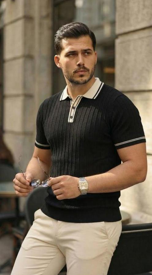 Düğme Yakalı Kontrast Yaka Triko Tişört