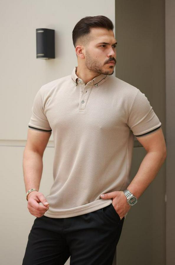 Düğmeli Yaka Waffle Kumaş Kısa Kollu Tişört