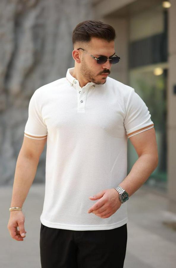 Düğmeli Yaka Waffle Kumaş Kısa Kollu Tişört