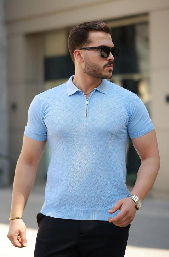 Fermuar Yakalı Baklava Desen Kısa Kollu Gömlek