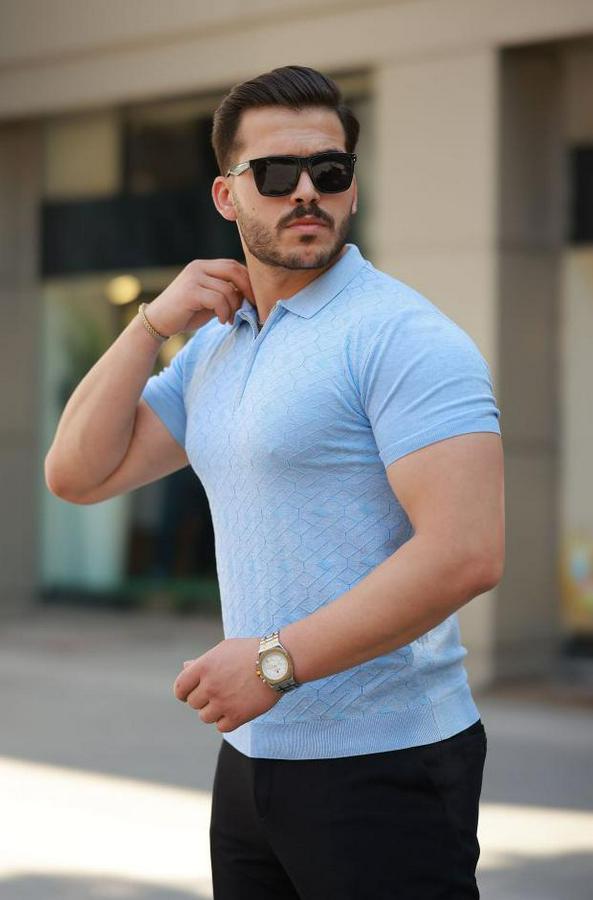 Fermuar Yakalı Baklava Desen Kısa Kollu Gömlek