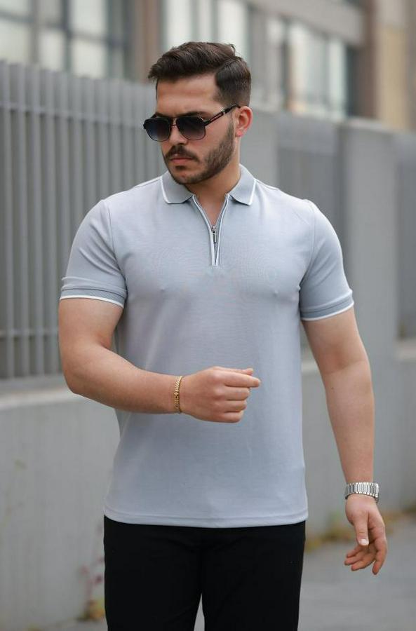 Fermuar Yakalı Çizgi Detaylı Kısa Kollu Tişört