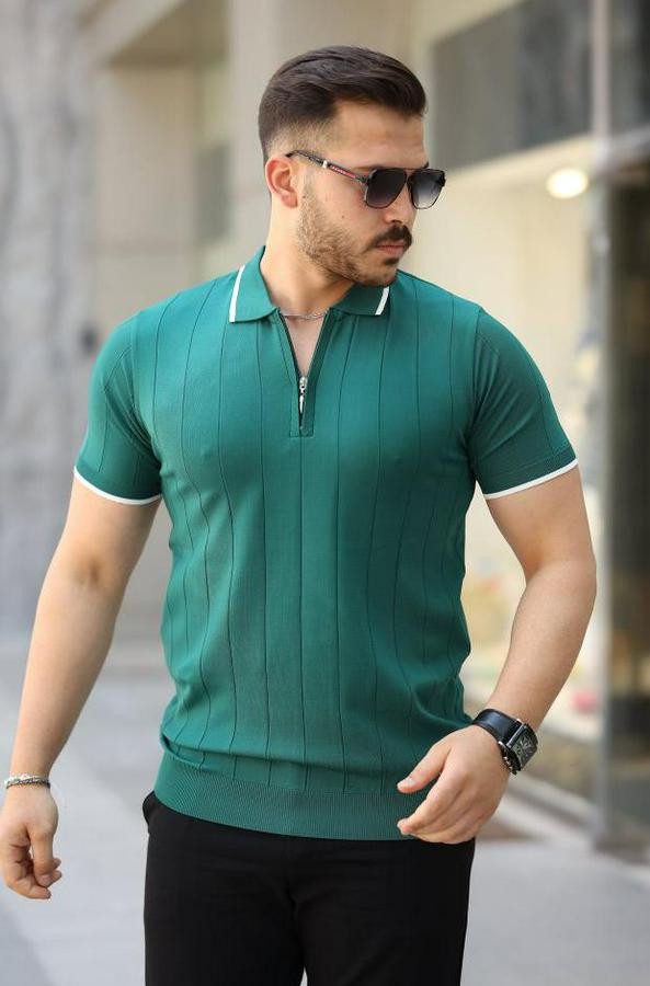 Fermuar Yakalı Çizgi Dokulu Kısa Kollu Tişört