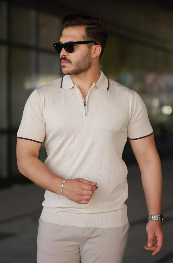 Fermuar Yakalı Çizgi Dokulu Kısa Kollu Tişört