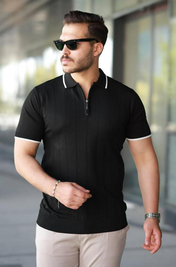 Fermuar Yakalı Çizgi Dokulu Kısa Kollu Tişört