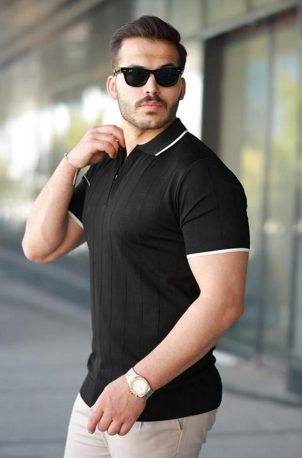 Fermuar Yakalı Çizgi Dokulu Kısa Kollu Tişört