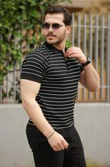 Fermuar Yakalı Çizgili Kısa Kollu T-Shirt