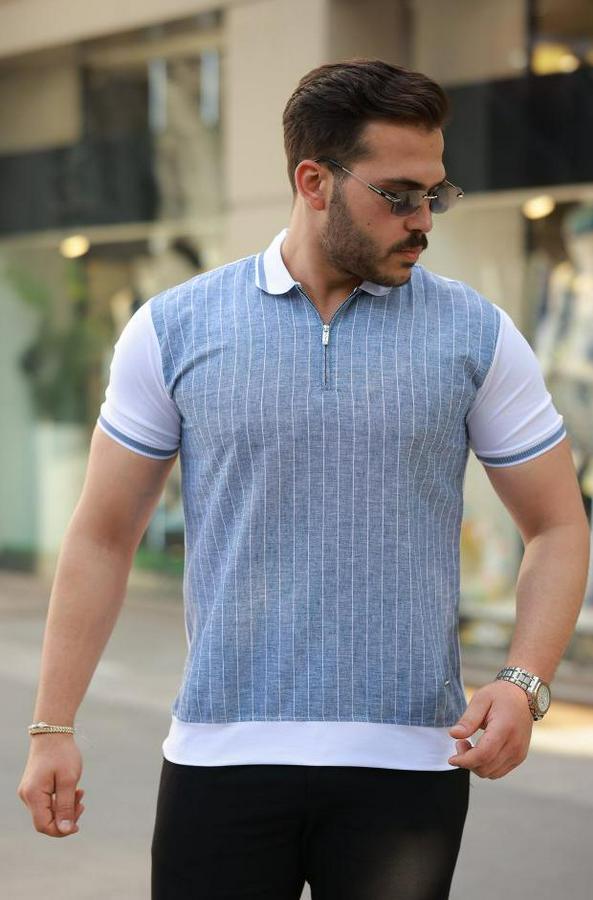 Fermuar Yakalı Çizgili Kısa Kollu Tişört