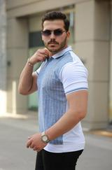 Fermuar Yakalı Çizgili Kısa Kollu Tişört