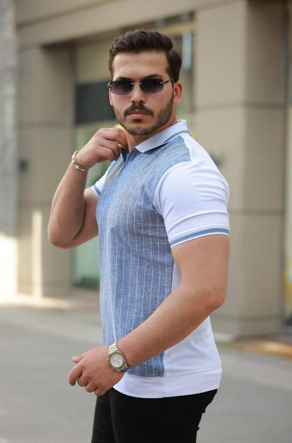 Fermuar Yakalı Çizgili Kısa Kollu Tişört