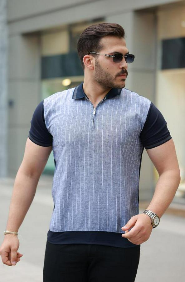 Fermuar Yakalı Çizgili Kısa Kollu Tişört