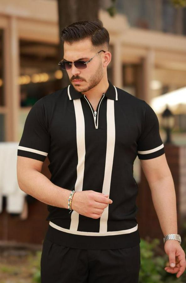 Fermuar Yakalı Şerit Detaylı Kısa Kollu Tişört