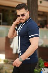Fermuar Yakalı Şerit Detaylı Kısa Kollu Tişört