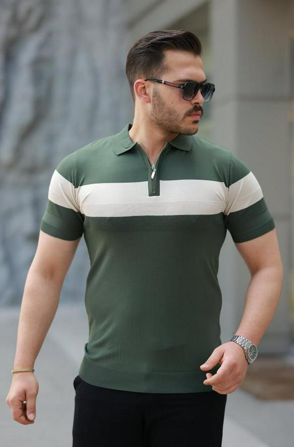 Fermuar Yakalı Şerit Renk Desenli Kısa Kollu Tişört