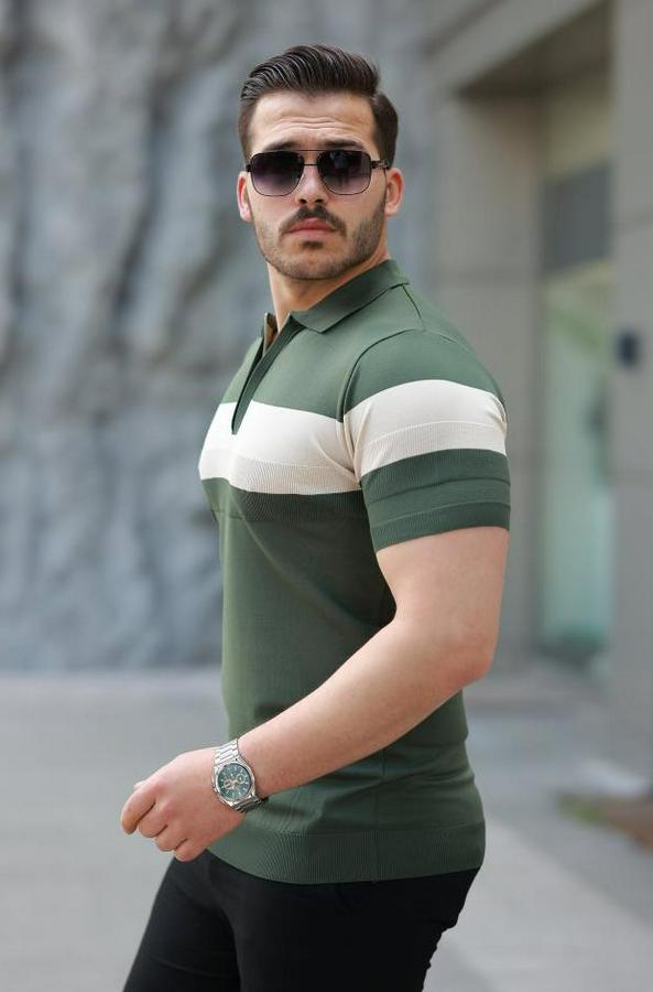 Fermuar Yakalı Şerit Renk Desenli Kısa Kollu Tişört